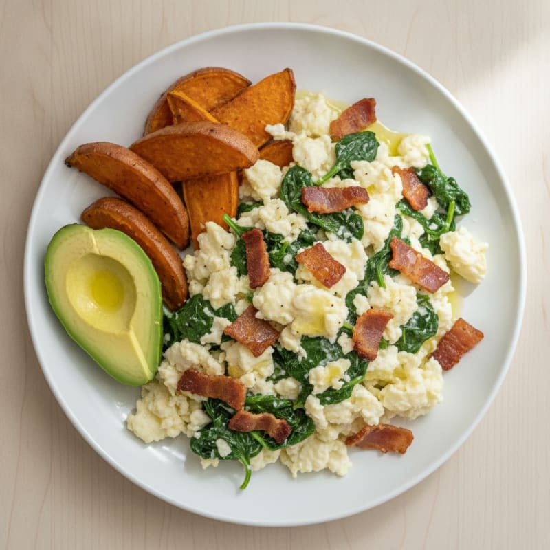 Crispy Turkey Bacon Egg White Scramble with Sautéed Spinach