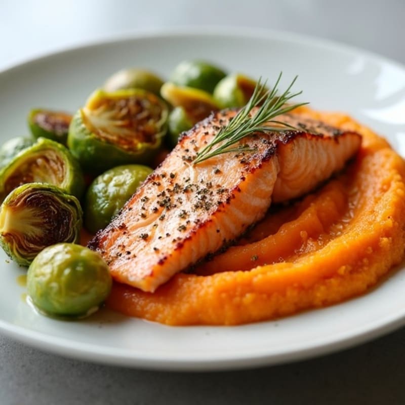Seared Salmon with Roasted Brussels Sprouts and Sweet Potato Mash