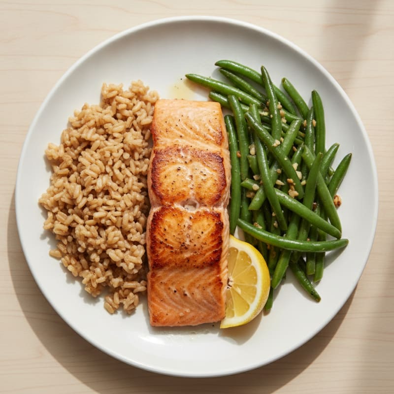 Seared Salmon Fillet with Garlic Green Beans and Brown Rice
