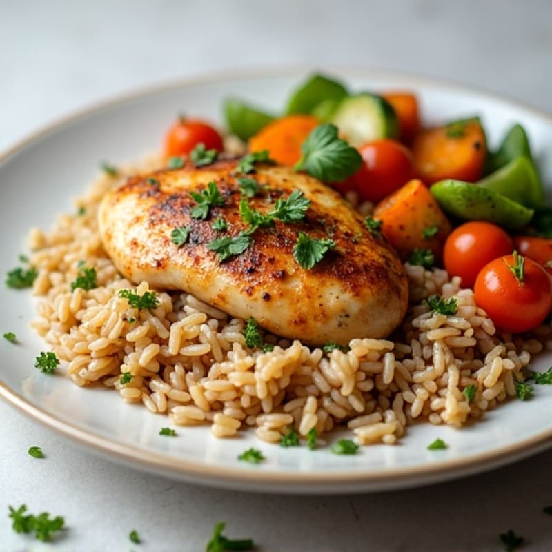 Herb-Roasted Chicken with Fluffy Brown Rice and Crispy Roasted Vegetables