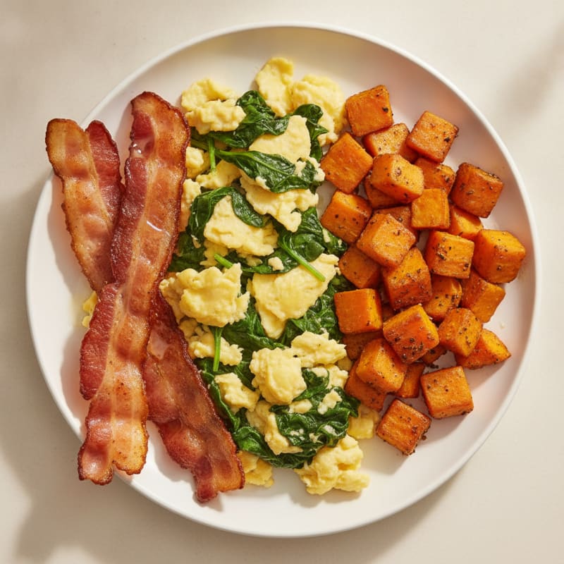 Crispy Turkey Bacon and Spinach Egg Scramble with Sweet Potato Hash