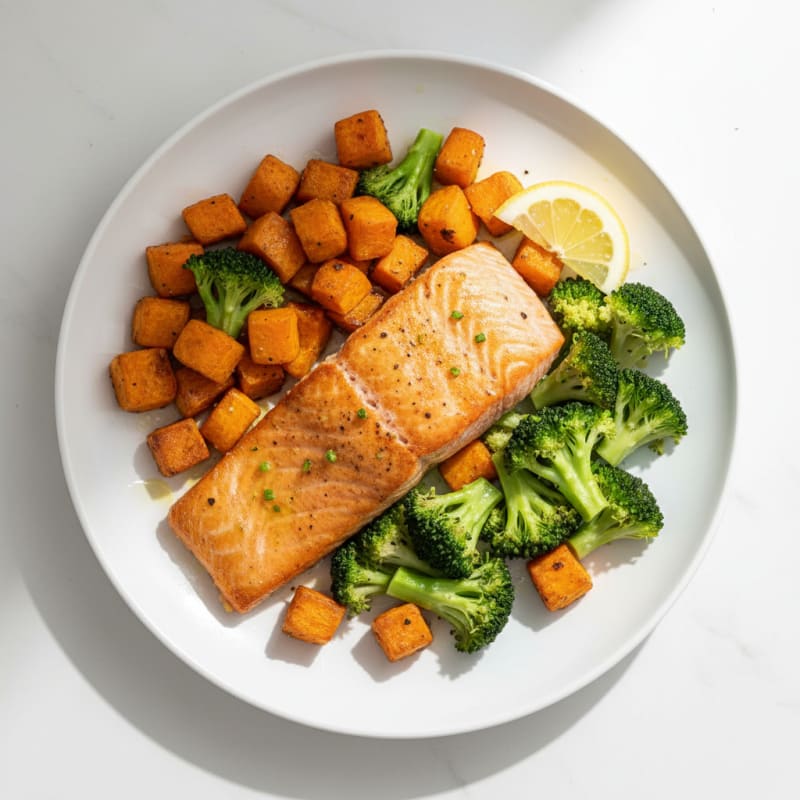 Seared Salmon Fillet with Roasted Sweet Potatoes and Steamed Broccoli