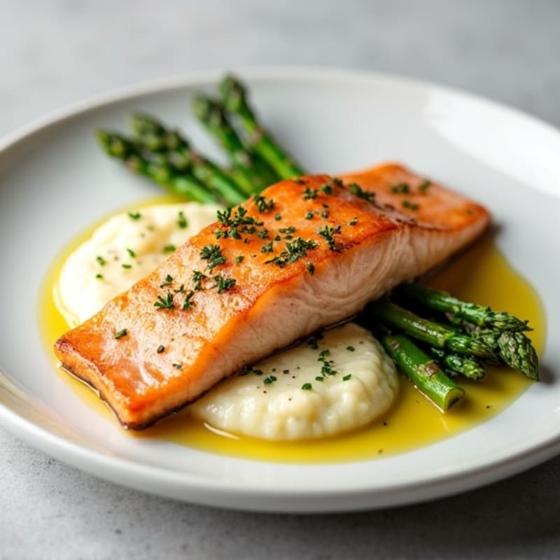 Seared Salmon with Steamed Asparagus and Cauliflower Mash