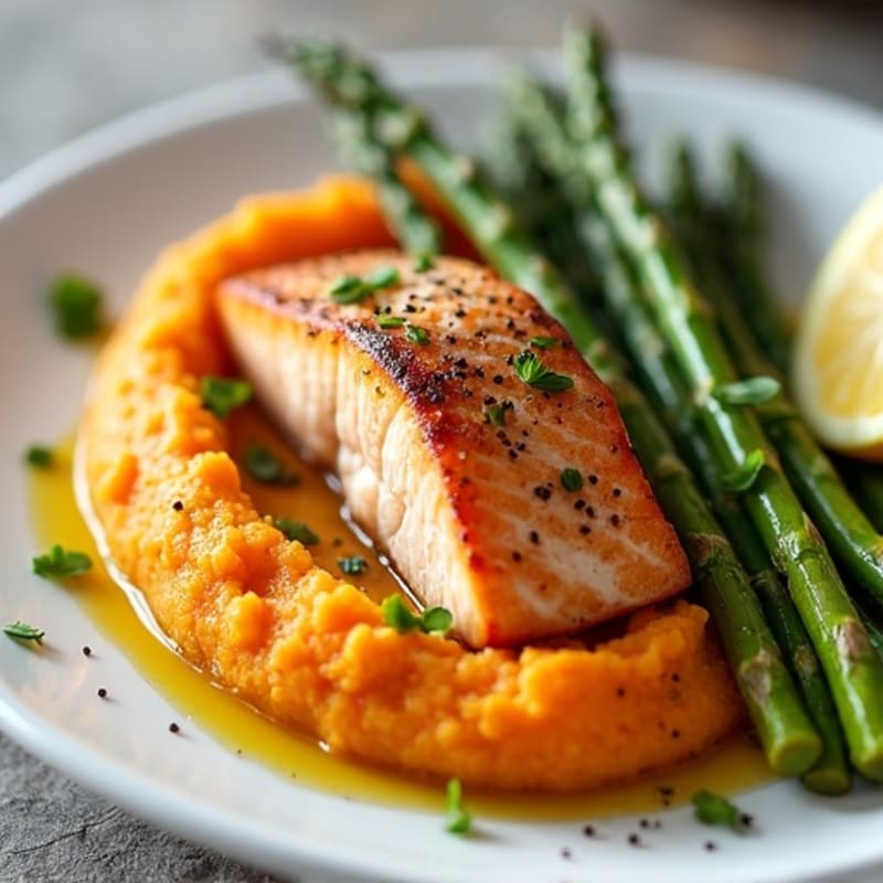 Seared Salmon Fillet with Roasted Asparagus and Sweet Potato Mash
