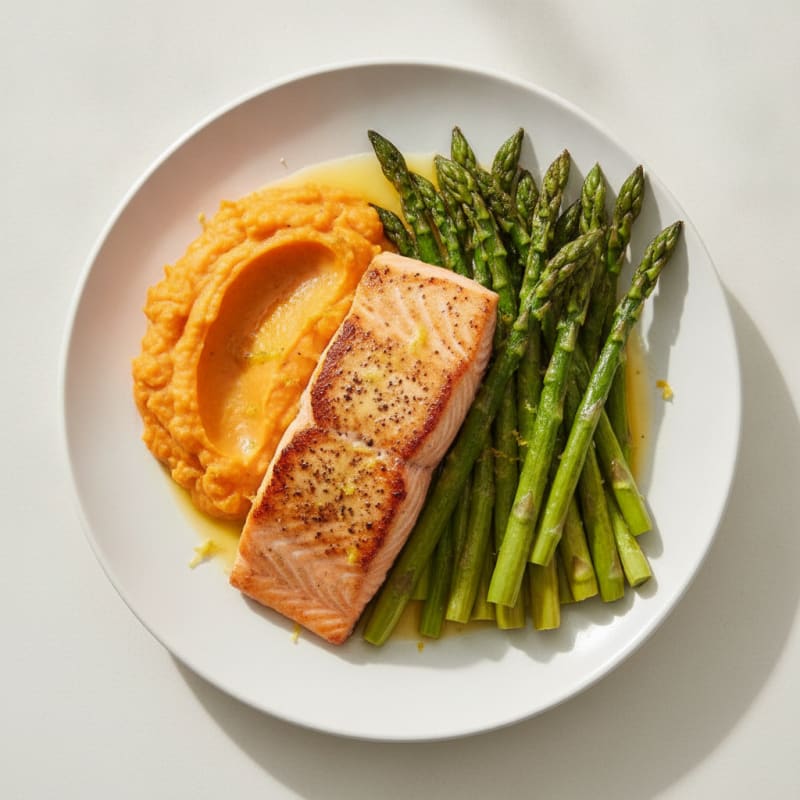 Seared Salmon with Roasted Asparagus and Sweet Potato Mash