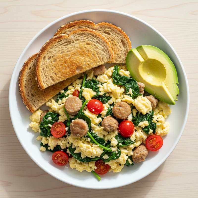 Egg White and Turkey Sausage Scramble with Spinach and Tomatoes