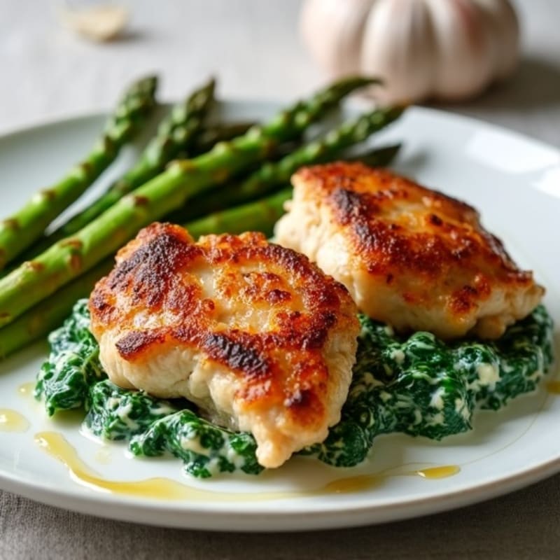 Crispy Pan-Seared Chicken Thighs with Creamy Spinach and Roasted Asparagus