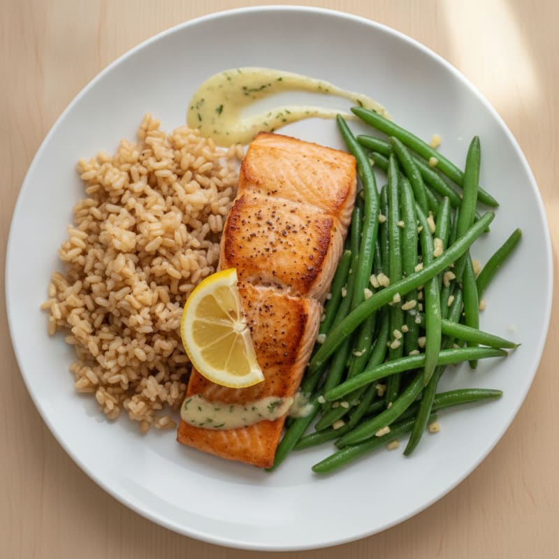 Seared Salmon Fillet with Garlic Green Beans and Brown Rice