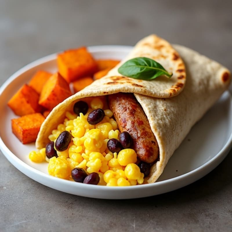 Scrambled Egg and Black Bean Burrito with Crispy Sweet Potatoes and Lean Sausage
