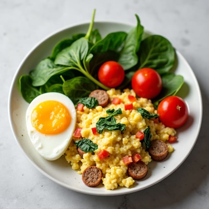 Egg White and Turkey Sausage Scramble with Spinach and Tomatoes