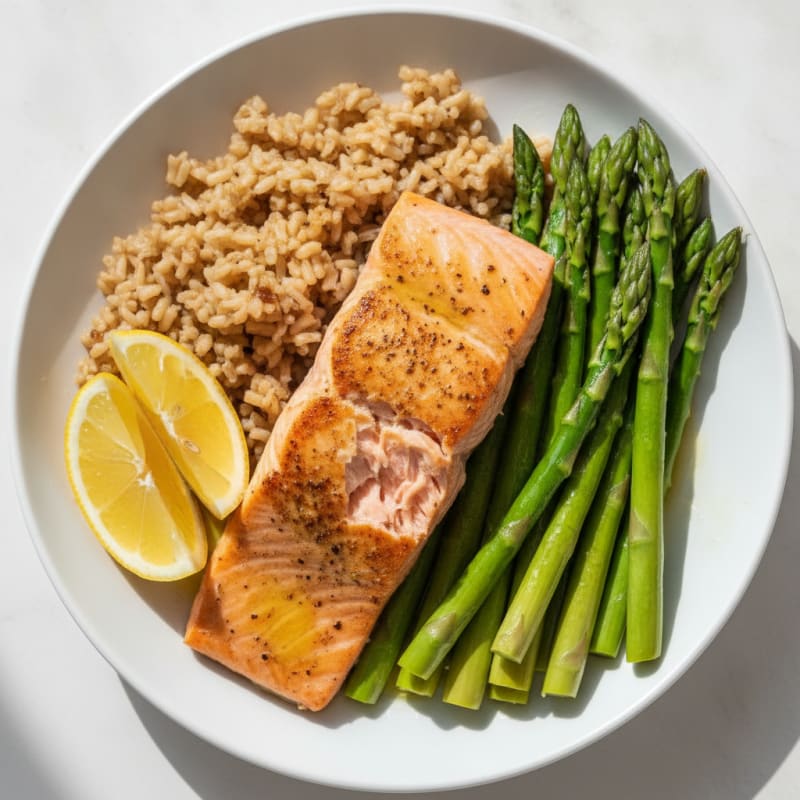 Seared Salmon with Steamed Asparagus and Brown Rice