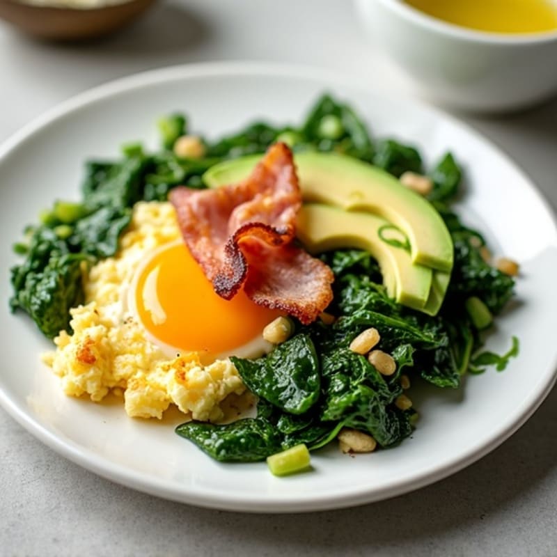 Cottage Cheese Scramble with Turkey Bacon and Sautéed Spinach