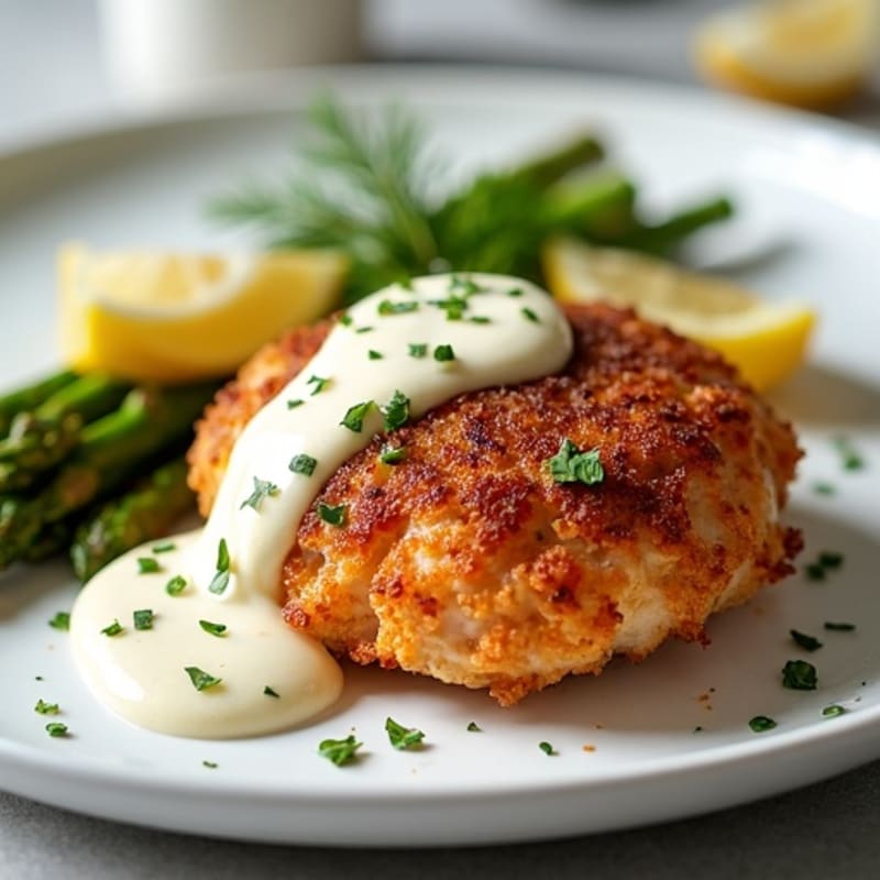 Crispy Salmon Patties with Roasted Asparagus and Lemon-Dill Sauce