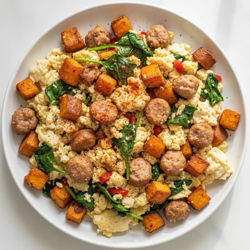 Egg White Scramble with Turkey Sausage and Roasted Sweet Potatoes