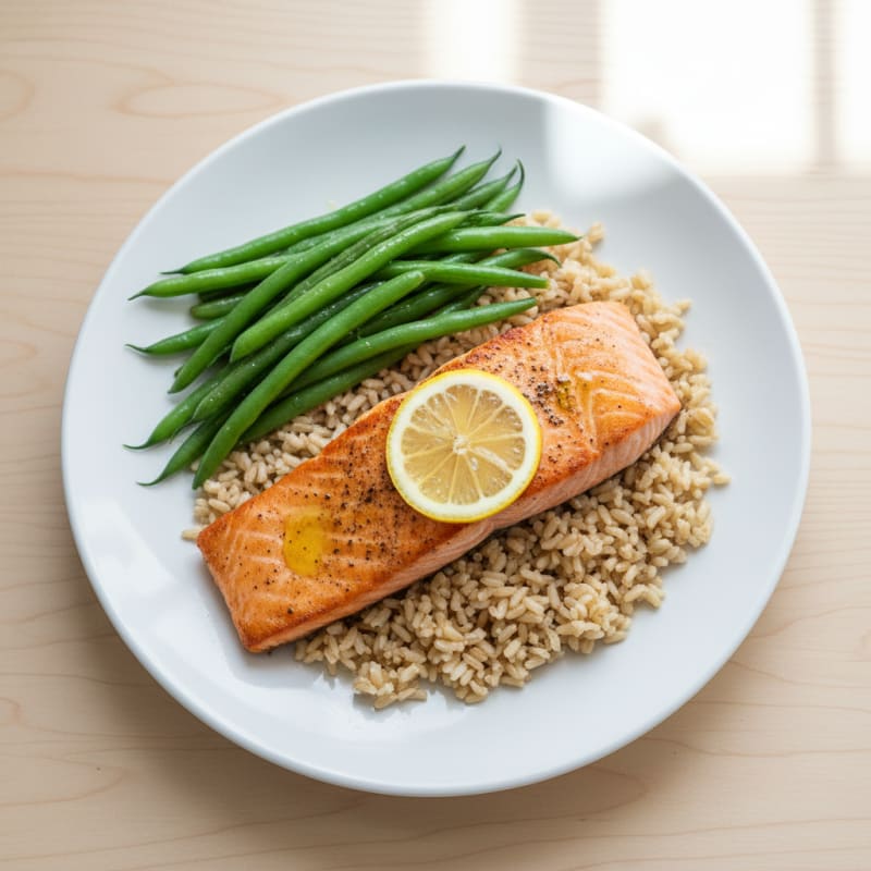 Seared Salmon Fillet with Steamed Green Beans and Brown Rice