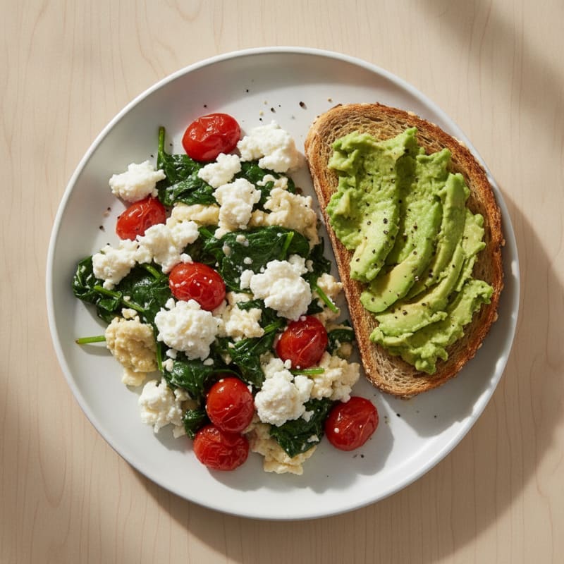 Egg White and Spinach Scramble with Cottage Cheese and Cherry Tomatoes