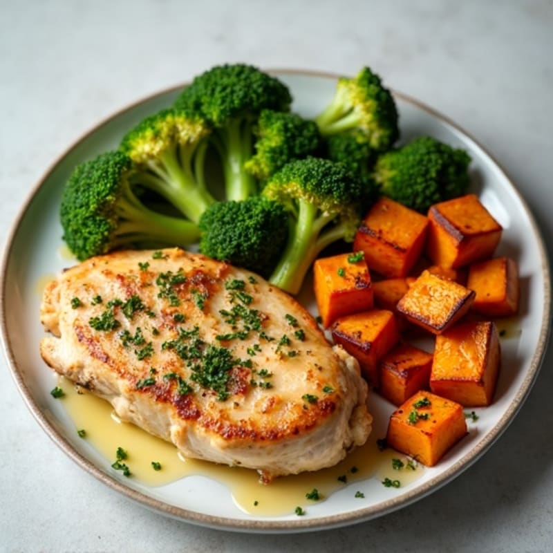 Herb-Roasted Chicken with Crispy Broccoli and Sweet Potato
