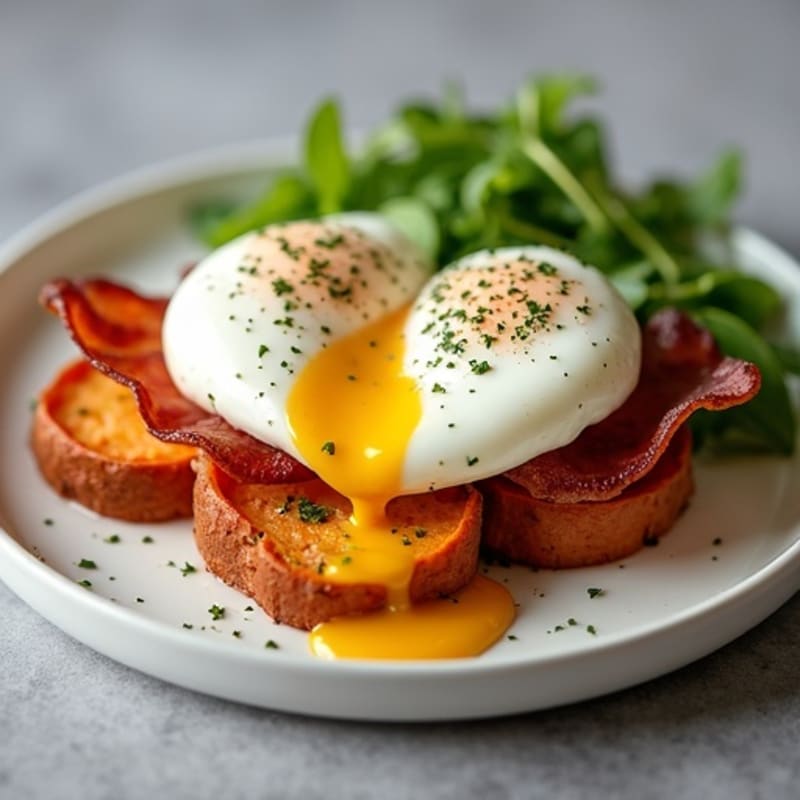 Poached Eggs with Roasted Sweet Potato Rounds, Crispy Turkey Bacon, and Creamy Lemon-Dill Sauce