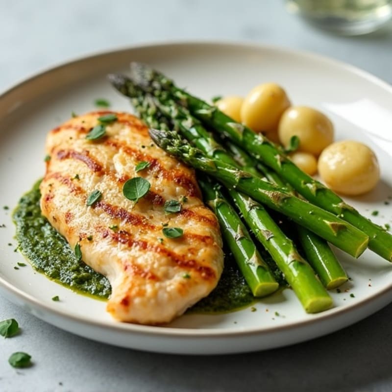 Pan-Seared Chicken with Roasted Asparagus and Tender Gnocchi with Fresh Basil Pesto
