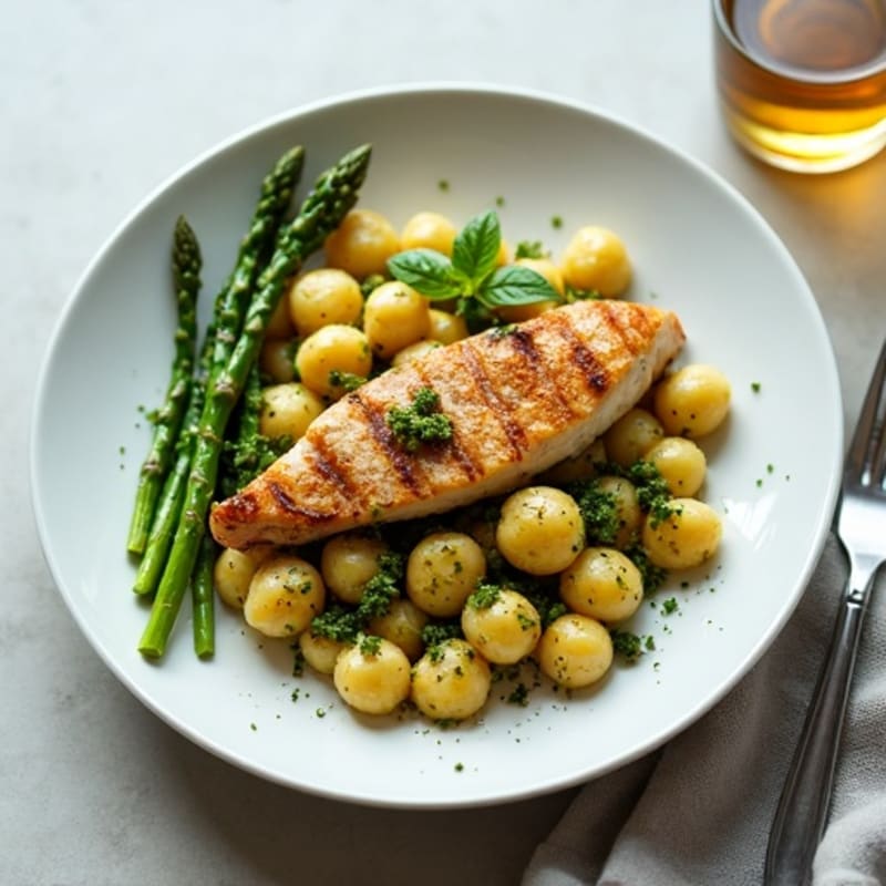 Gnocchi with Vibrant Pesto, Roasted Asparagus, and Crispy Chickpeas (with Grilled Chicken Boost)