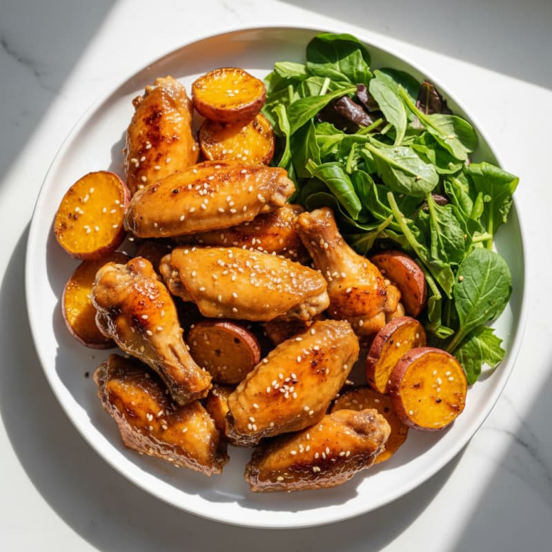 Honey-Soy Glazed Wings with Sweet Potatoes