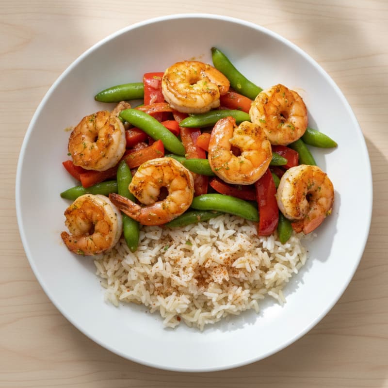 Seared Shrimp with Stir-Fried Vegetables and Jasmine Rice