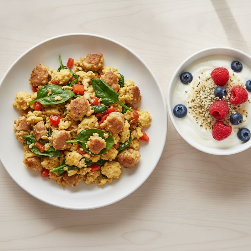 Egg White and Chicken Sausage Scramble with Greek Yogurt and Berries