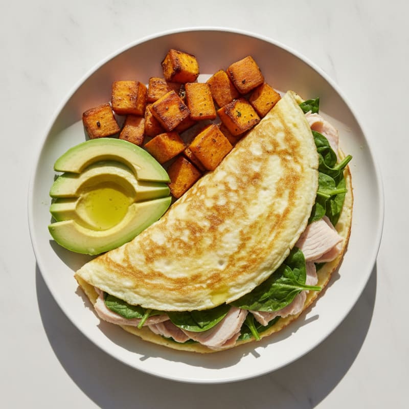 Egg White Spinach Omelette with Turkey Breast and Roasted Sweet Potato