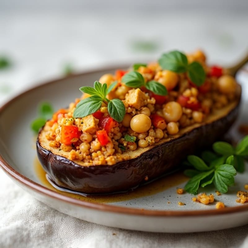 Roasted Eggplant Stuffed with Savory Lentil and Vegetable Crumble