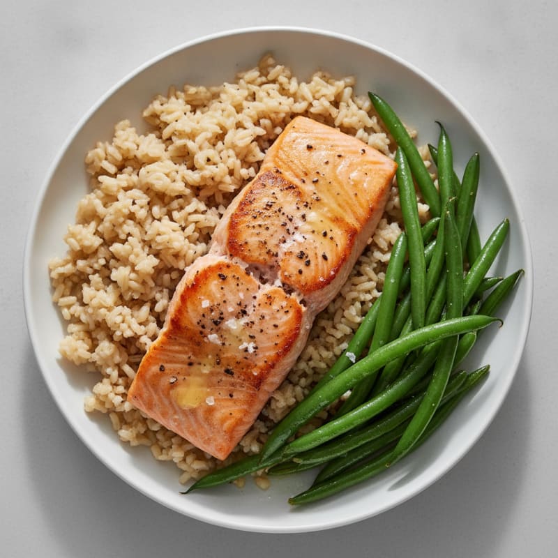 Seared Salmon with Steamed Green Beans and Brown Rice
