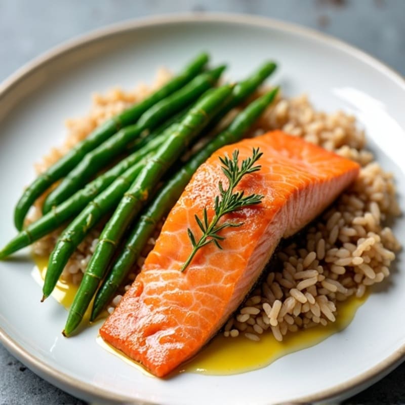 Seared Salmon with Steamed Green Beans and Brown Rice