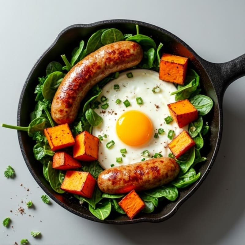 Lean Turkey Sausage and Egg Skillet with Crispy Sweet Potatoes and Fresh Greens