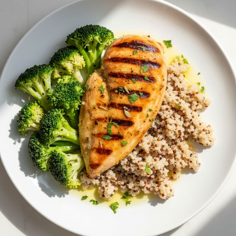 Grilled Chicken Breast with Steamed Broccoli and Quinoa