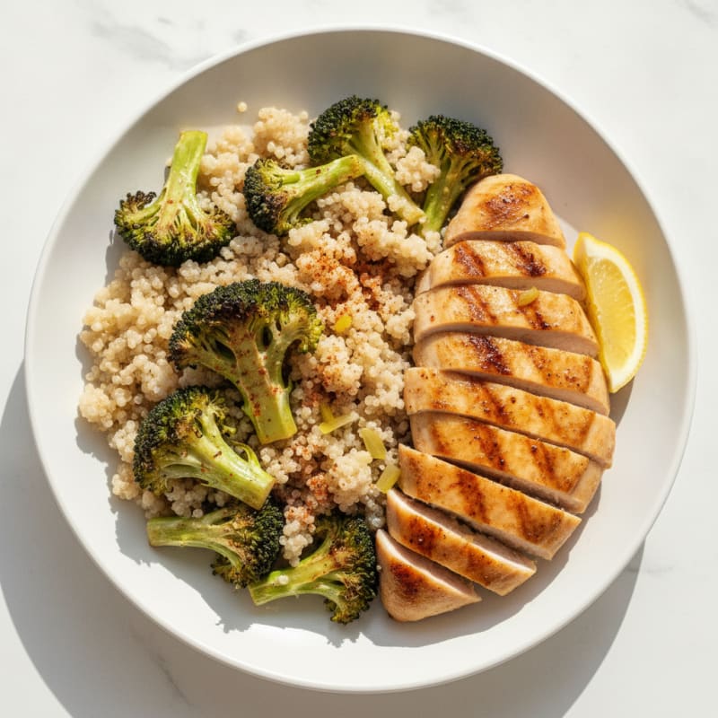 Grilled Chicken and Quinoa Bowl with Roasted Broccoli