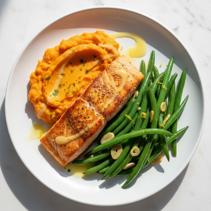 Pan-Seared Salmon with Garlic Green Beans and Sweet Potato Mash