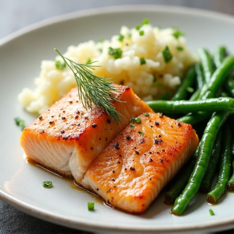 Seared Salmon with Steamed Green Beans and Herb-Cauliflower Rice