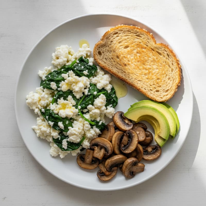 Egg White and Spinach Scramble with Cottage Cheese and Sautéed Mushrooms