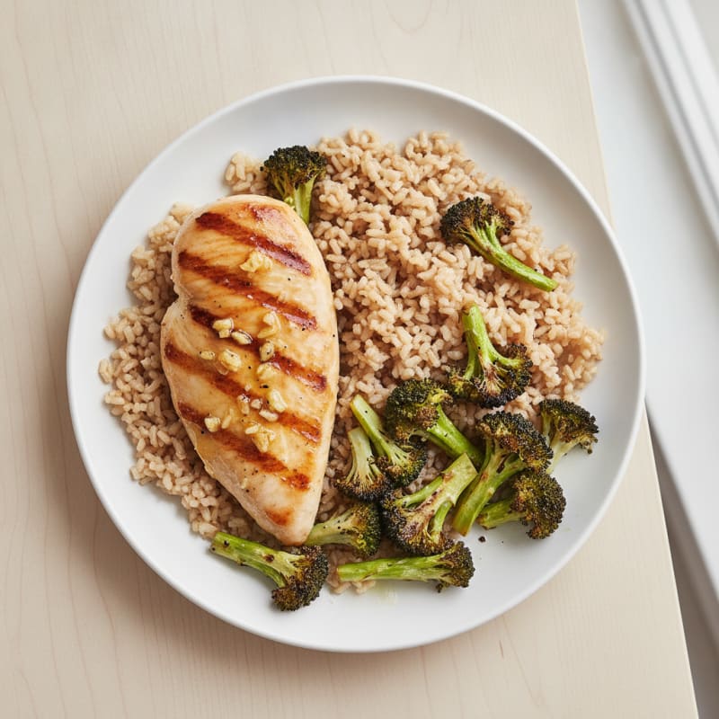 Grilled Lemon-Garlic Chicken Breast with Brown Rice and Roasted Broccoli