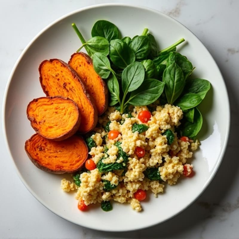 Egg White and Turkey Spinach Scramble with Roasted Sweet Potato