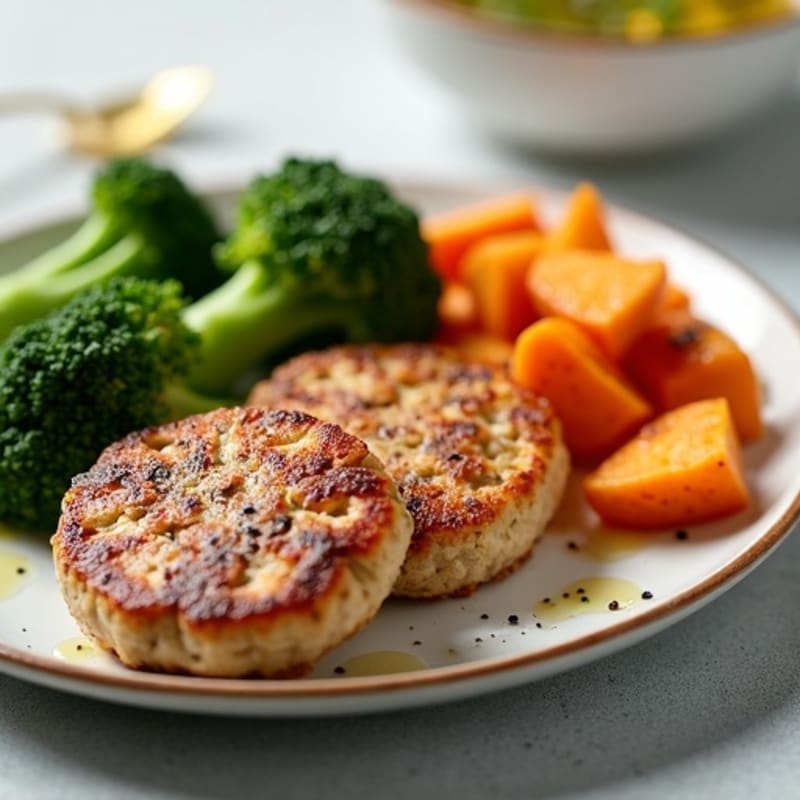 Seared Turkey Patties with Roasted Broccoli and Sweet Potato