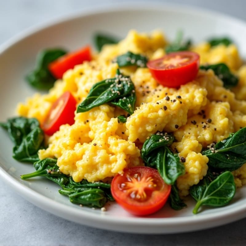 Fluffy Scrambled Eggs with Sautéed Spinach and Cherry Tomatoes
