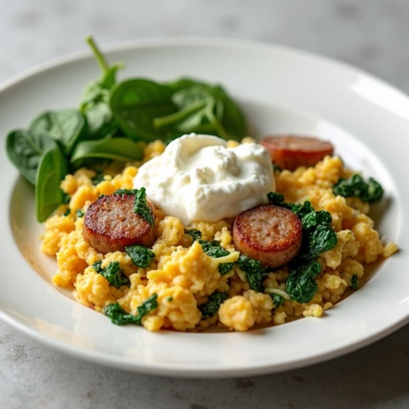 Egg White and Turkey Sausage Scramble with Spinach and Cottage Cheese