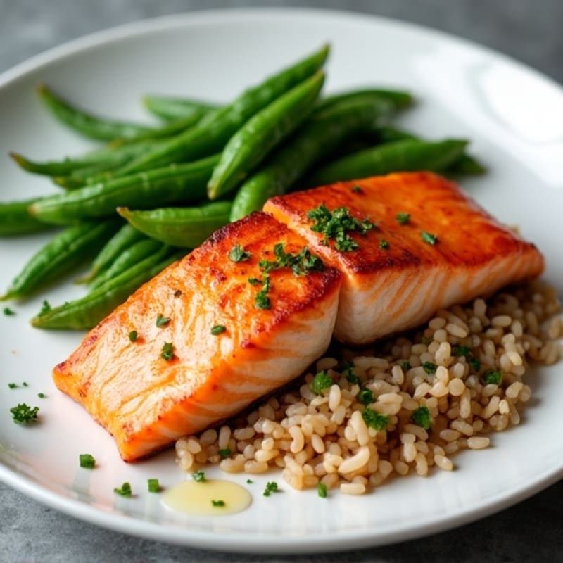 Seared Salmon Fillet with Steamed Green Beans and Brown Rice