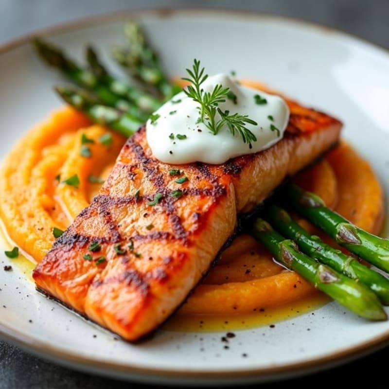 Seared Salmon Fillet with Roasted Asparagus and Sweet Potato Mash