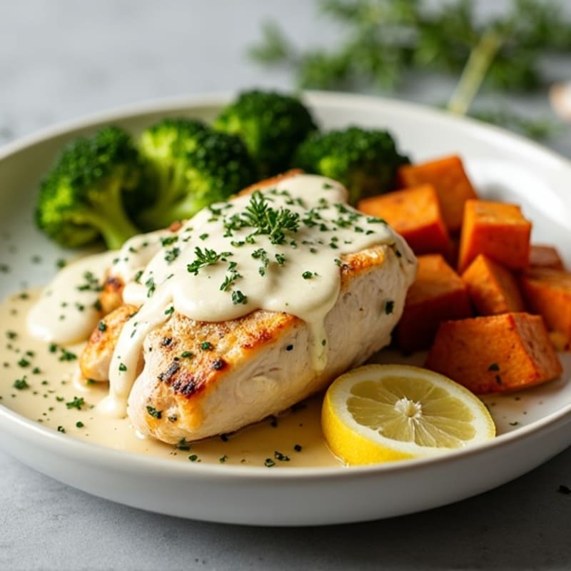 Creamy Lemon Herb Chicken with Roasted Broccoli and Sweet Potatoes