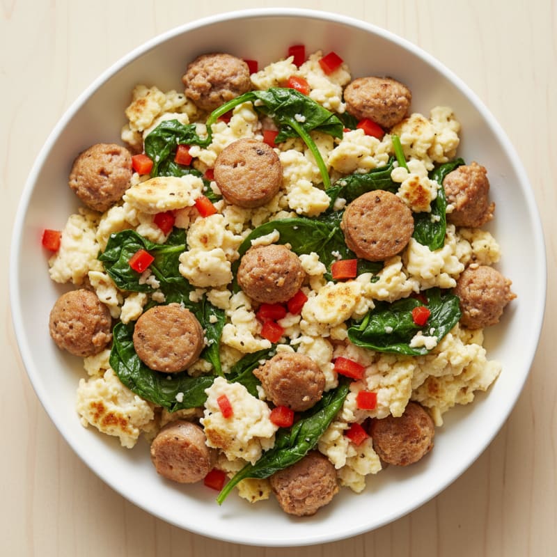 Egg White and Chicken Sausage Scramble with Spinach