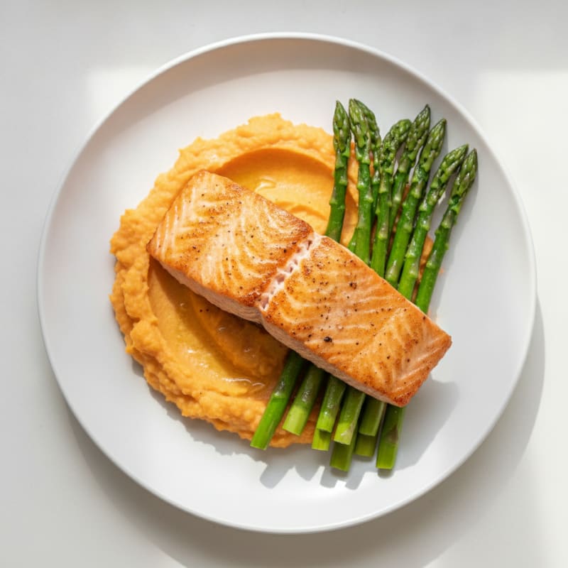 Seared Salmon with Creamy Sweet Potato Mash and Steamed Asparagus