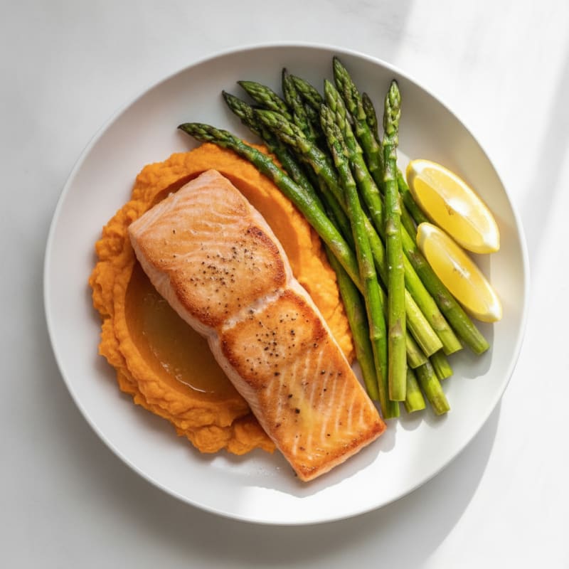 Seared Salmon with Roasted Asparagus and Sweet Potato Mash