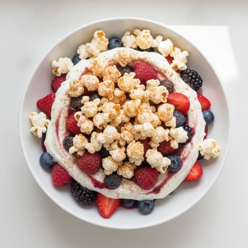 High-Protein Greek Yogurt Parfait with Mixed Berries and Popcorn Crunch