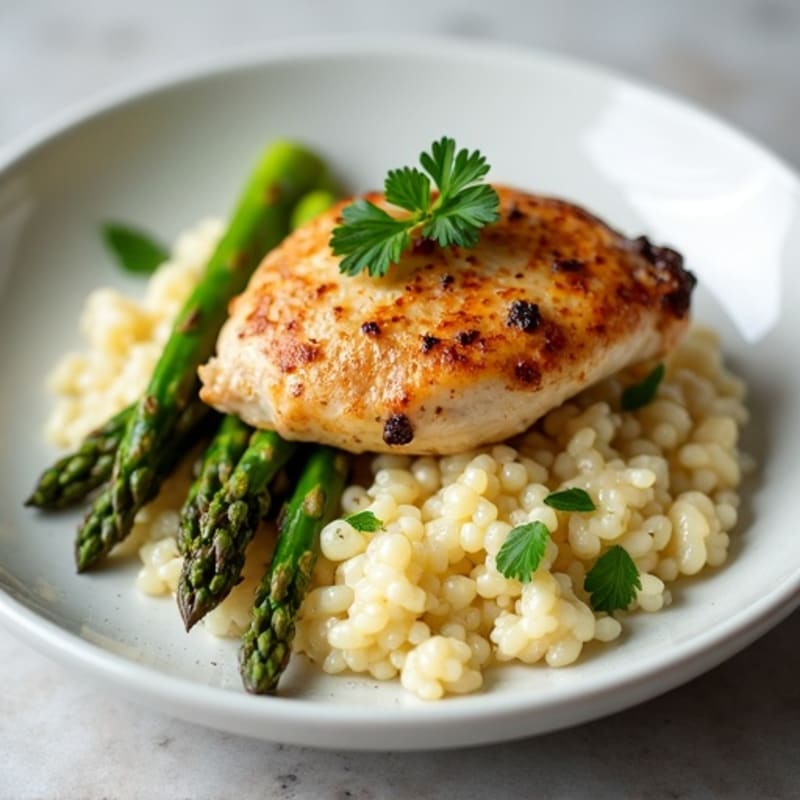 Seared Chicken Breast over Cauliflower Risotto with Roasted Asparagus